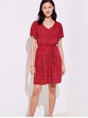 Loft red ikat print tie waist summer dress